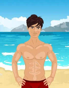 Brawny man on beach Stock Illustration