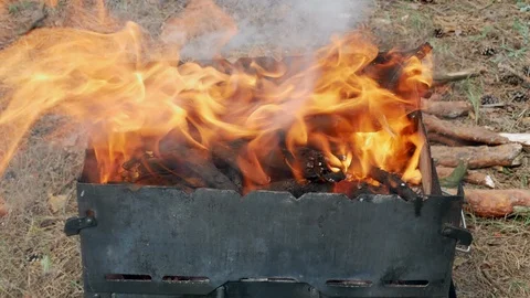 Brazier barbecue grill in forest 4k Stock Footage 89703895