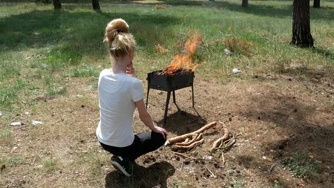 Brazier barbecue grill in forest 4k Stock Footage 89704858