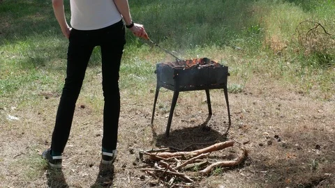Brazier barbecue grill in forest 4k Stock Footage 89705719
