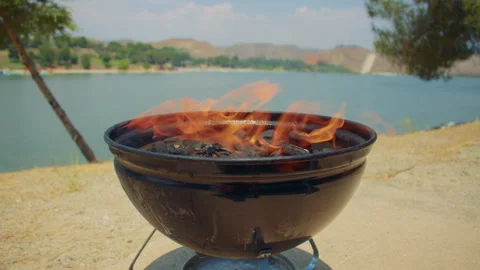 Brazier with bright flames stands at the yellow sandy shore near the lake. Stock Footage 285466701