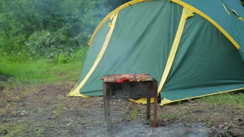The brazier is in the forest on the background of a green tent, Middle Plan. 库存影片 92376817