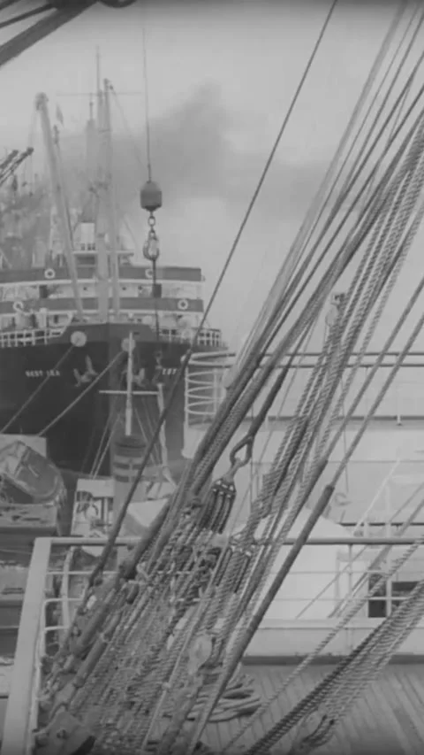 BRAZIL - 1940s - Cargo cranes are used to take goods off ships docked in Rio de Stock Footage 342923633