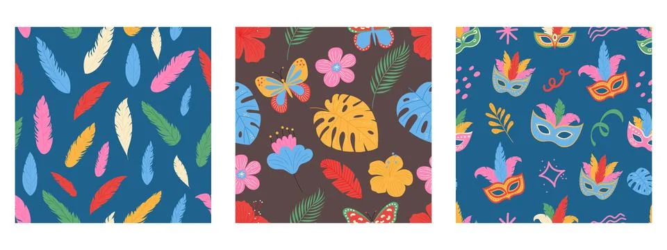 Brazil carnival seamless pattern set. Masks, feathers, exotic plant and flo.. Stock Illustration