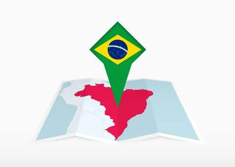 Brazil is depicted on a folded paper map and pinned location marker with fl.. Stock Illustration