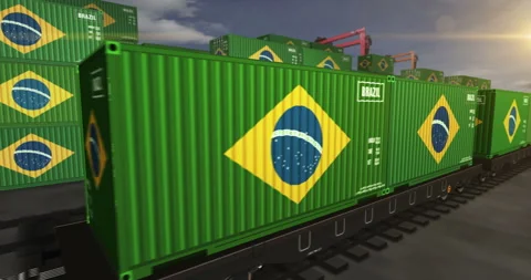Brazil export containers on cargo train wagons loop Stock Footage 299903877