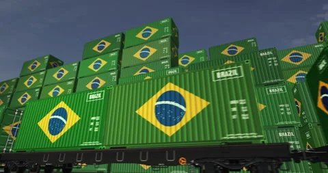 Brazil export containers on cargo train wagons loop Stock Footage 299984857