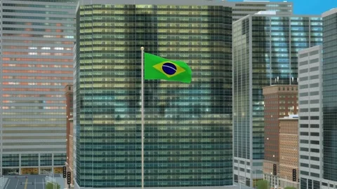 Brazil Flag 3D Render Animation on Pole with Modern Business District Buildi Video stock 332880701