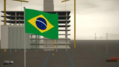Brazil Flag Flying Over Construction Site Tower Cranes seamless loop 스톡 동영상 344701268