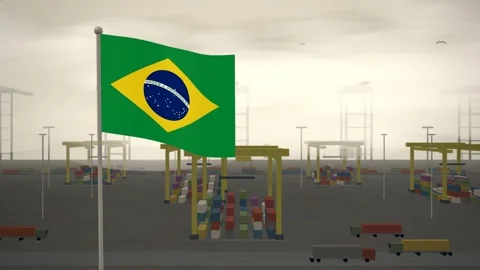 Brazil Flag Flying Over Container Terminal Stacking Yard seamless loop Stock-Footage 344781901