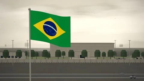 Brazil Flag Flying Over Embassy Compound Perimeter Wall seamless loop Stock Footage 345133544
