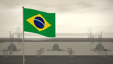 Brazil Flag Flying Over High Voltage Electrical Substation seamless loop Stock Footage 344786375
