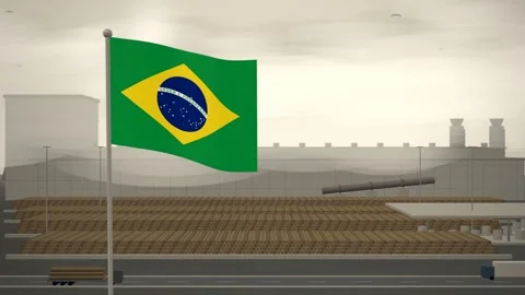 Brazil Flag Flying Over Paper Mill Log Yard seamless loop Stock Footage 345379972