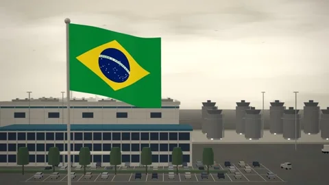 Brazil Flag Flying Over Pharmaceutical Plant Tank Farm seamless loop Stock Footage 344783967