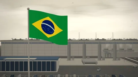 Brazil Flag Flying Over Semiconductor Fabrication Plant Cleanroom seamless loop Stock Footage 344782185