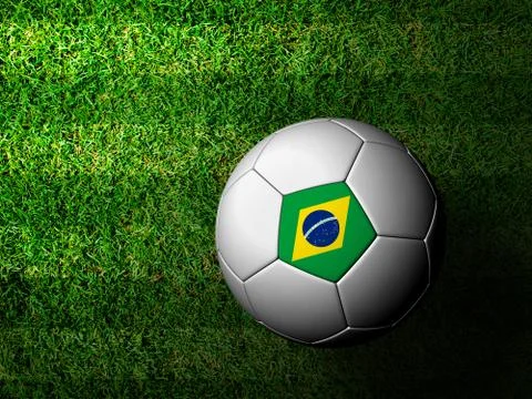 Brazil flag pattern 3d rendering of a soccer ball in green grass Illustrazione stock