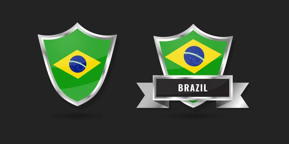 Brazil Flag Shield Emblem Set, Glossy Silver Brazilian Badges with Ribbon, .. Stock Illustration