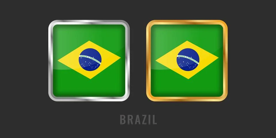 Brazil Flag Square 3D Button Set in Gold and Silver Metallic Frames Stock Illustration