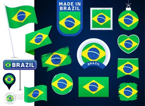 Brazil flag vector collection. big set of national flag design elements in di Illustrazione stock