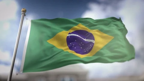 Brazil Flag Waving Slow Motion 3D Rendering Blue Sky Background - Seamless .. Stock Footage 74861021