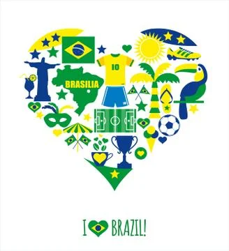 Brazil icon set. Flat design in heart. Stock Illustration