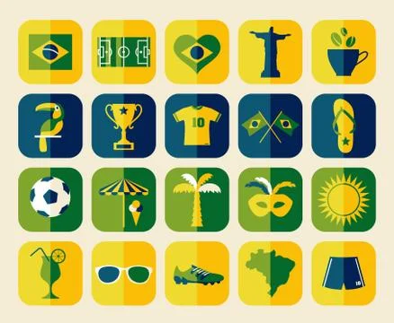 Brazil icon set. Flat design in square. Stock Illustration