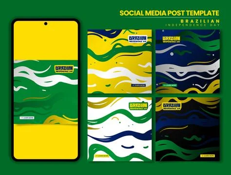 Brazil independence day. Set of carousel post with flat smoke in green yell.. Stock Illustration