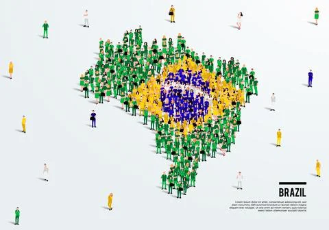 Brazil Map and Flag. A large group of people in Brazilian flag color. Stock Illustration
