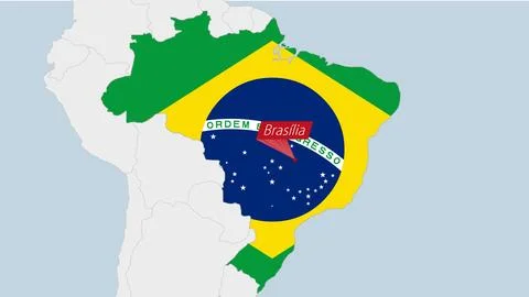 Brazil map highlighted in Brazil flag colors and pin of country capital Bra.. Stock-Illustration