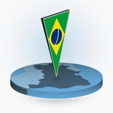 Brazil map in round isometric style with triangular 3D flag of Brazil Stock Illustration