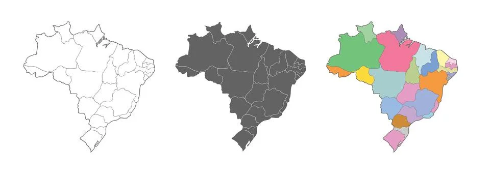 Brazil map vector set. Outline, silhouette, and political regions illustratio Stock Illustration