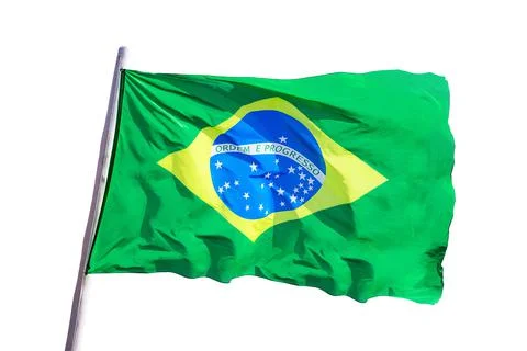 Brazil national flag textile cloth waving on top, blue sky brazil, patriotism Stock Photos