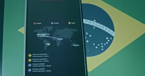 Brazil networks as target for cyber attacks, live cyber attacks map and Brazil Stock Footage 310845253