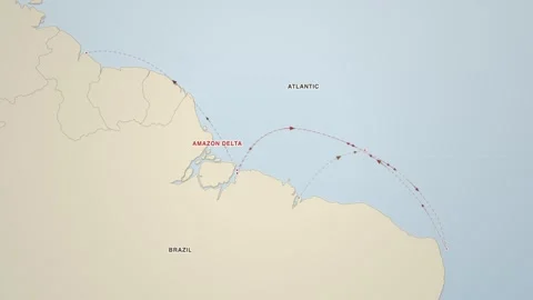 Brazil North Coast Amazon Belem shipping routes vintage atlas map animation Stockbeeldmateriaal 339907627
