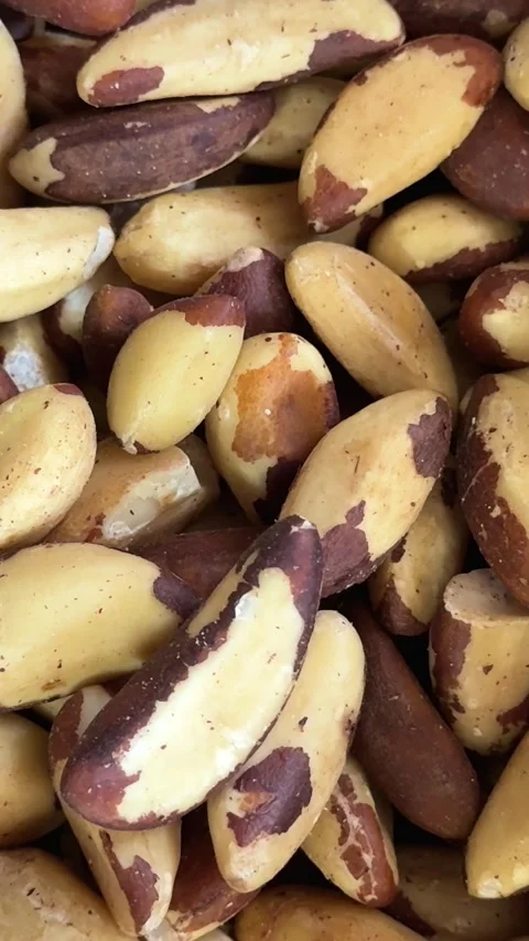 Brazil nuts close up in transparent container with natural creamy texture and Stock Footage 345727102