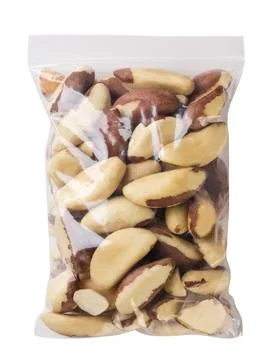 Brazil nuts in a package on a white background. Isolated Stock Photos