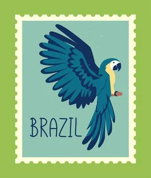 Brazil postage stamp with parrot. Vector illustration Stock Illustration