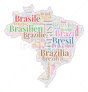 Brazil shape filled with country name in many languages. Brazil map in  word..: Graphic #247920041