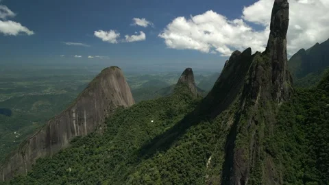 Brazil. Teresópolis. Dedo de Deus peak and surrounding valleys. Aerial approach Stock Footage 342328510