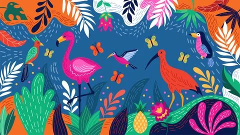 Brazil tropic background, bird pattern. Flamingo and hummingbird, travel ca.. イラスト素材