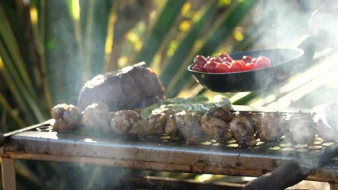 Brazilian Barbecue In Garden Close Up Grilled Meat Chicken Vegetables Woman Stock Footage