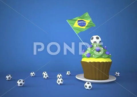 Brazilian cupcake, flag and footballs on blue background Stock Illustration