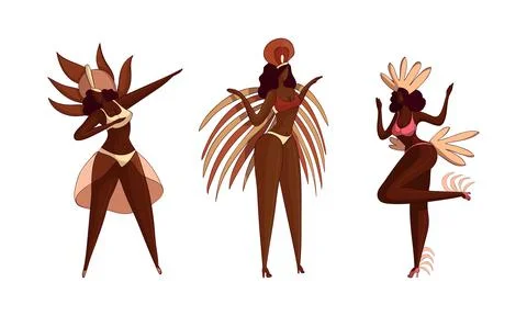 Brazilian Dark Skinned Samba Dancer in Feathered Costume Vector Set 스톡 일러스트