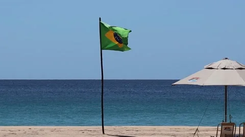 Brazilian flag, with beach background during a sunny day Stock Footage 226263334