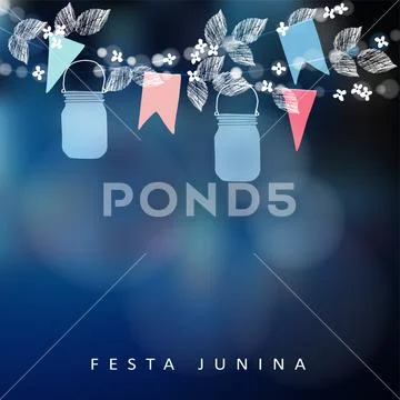 Brazilian June party, festa junina. String of lights, mason jar lanterns and Stock Illustration