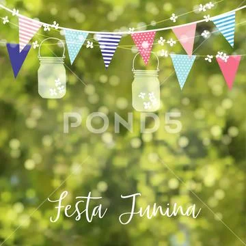 Brazilian june party, festa junina. String of lights, colorful flags, jar Stock Illustration