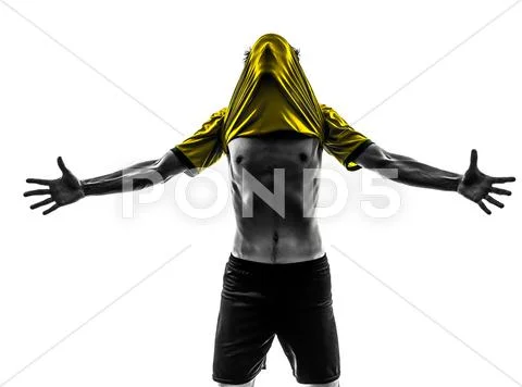 Brazilian soccer football player young happiness joy man silhouette Stock Photos
