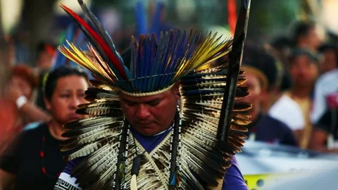 Brazilians native indigenous marching in strike against amazon rainforest Stock Footage 243795650