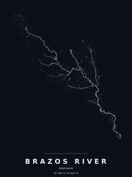 Brazos River Basin Watershed Map Line Art Dark Poster Stock Illustration