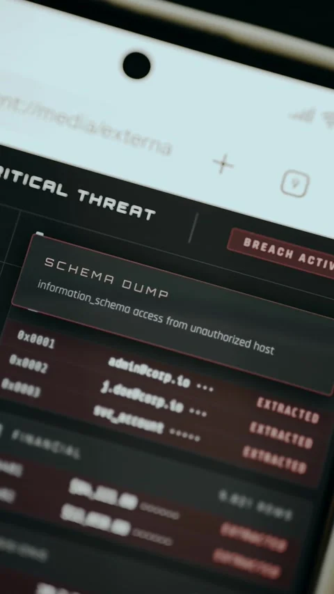 Breach Activity, Schema Dump, system shows unauthorized access to the database Stock Footage 332893274